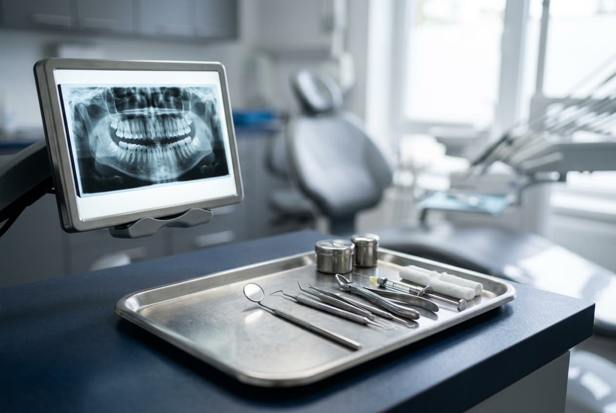 Instruments dentaires et radiographie dentaire sur plateau, ambiance de soin non identifiable
