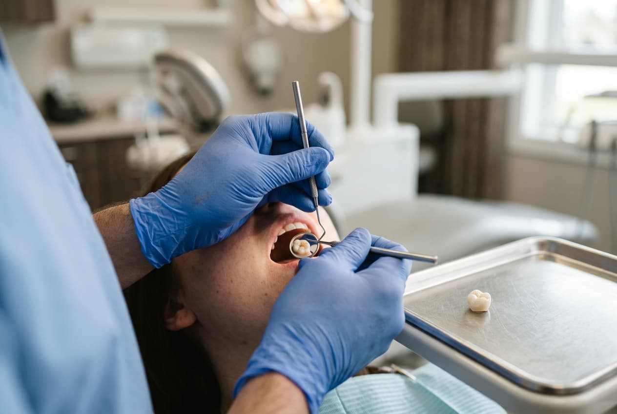 Mains gantées examinant une dent avec miroir et couronne sur un plateau