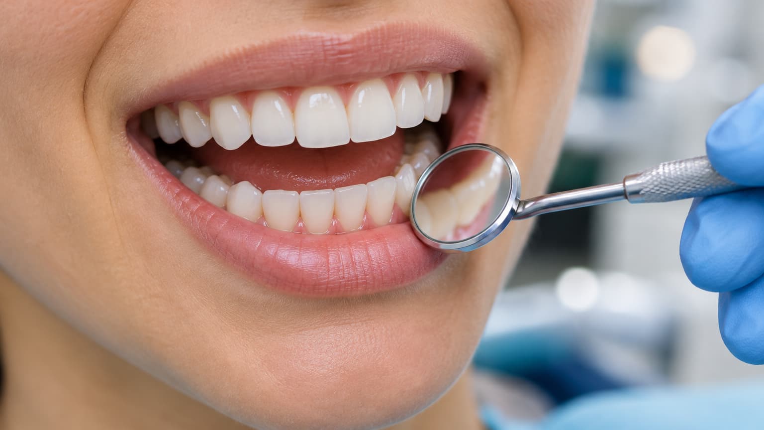 Examen dentaire après un détartrage réalisé avec un miroir buccal
