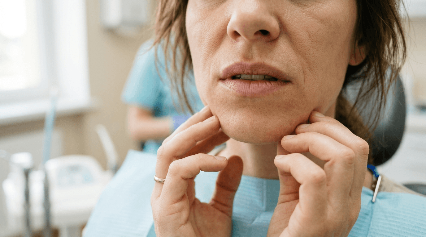 Gros plan d’une bouche d’adulte avec une main près de la mâchoire pour illustrer une dent mobile