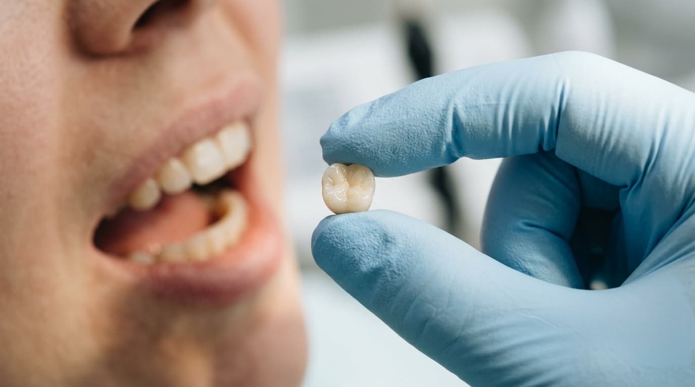 Couronne dentaire tenue entre les doigts en gros plan