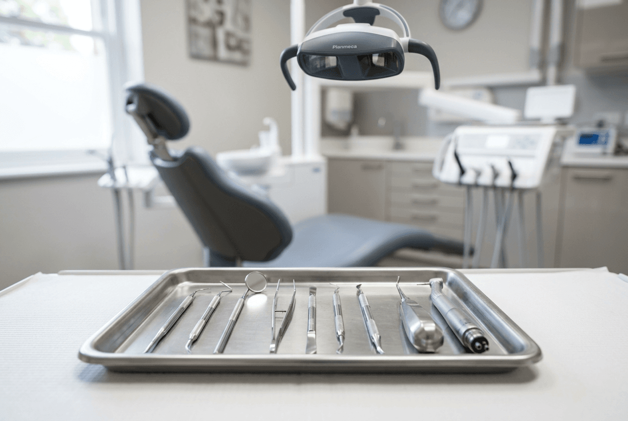 Instruments dentaires sur un plateau inox dans une ambiance de cabinet floutée